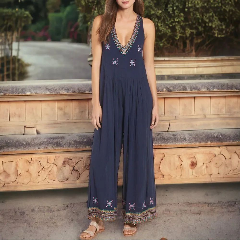 KAS NEW YORK Osian Hand Embroidered Cotton Gauze Jumpsuit S